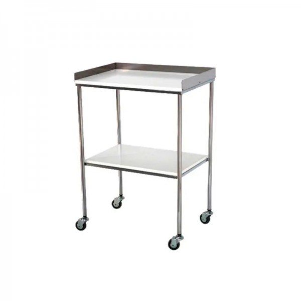 White Side Table with Two Stainless Steel Shelves and Top Rail